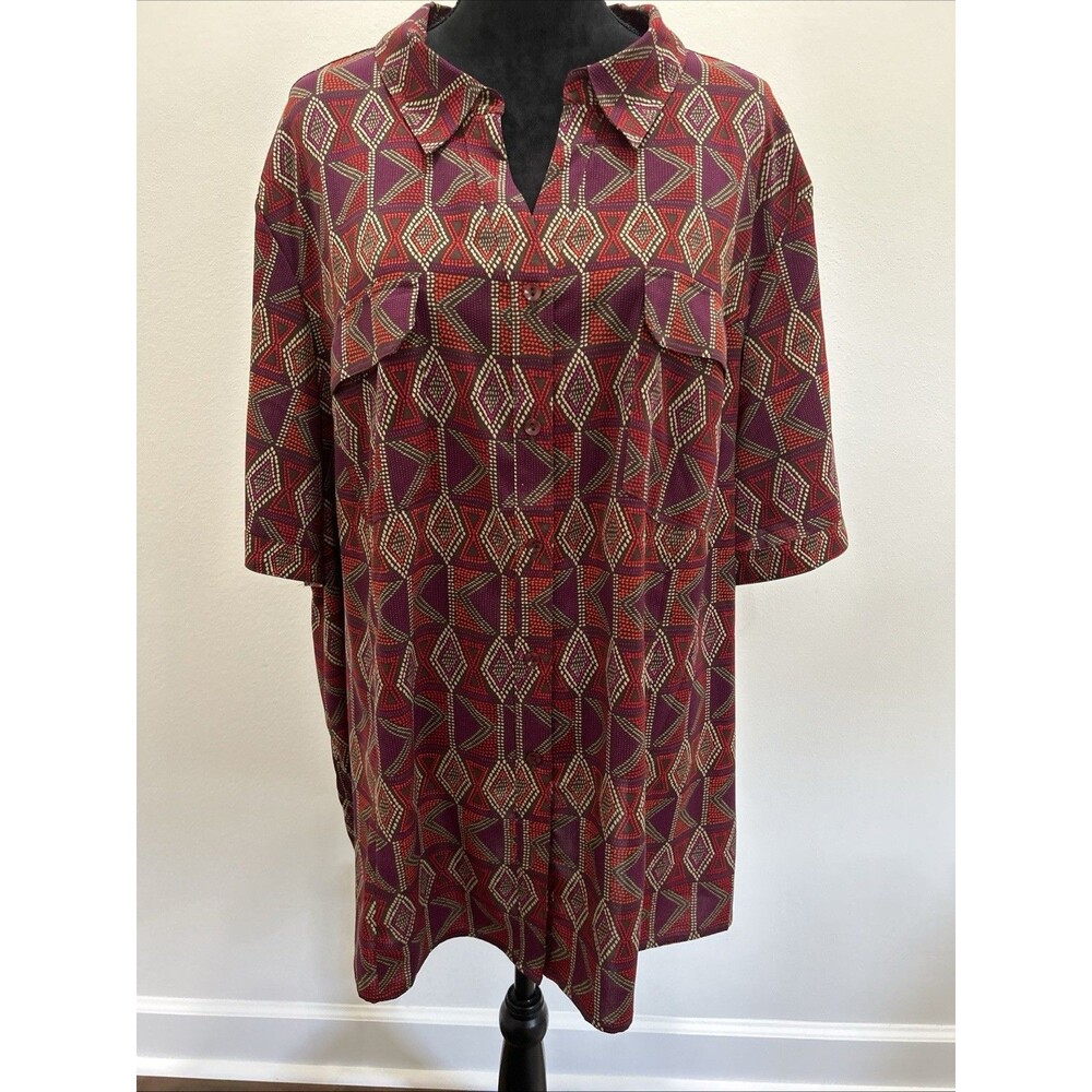 Catherines Womens Plus Sz 3X Top Geometric Multi Color Short Sleeve Button Up